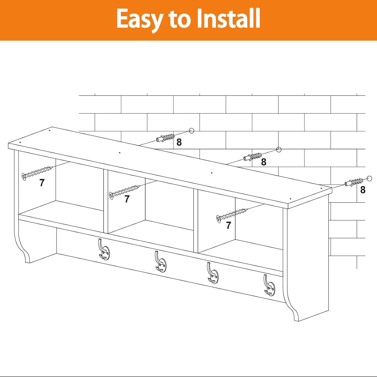 BaytoCare White Entryway Wall Mounted Coat Rack with 4 Dual Hooks Living Room Wooden Storage Shelf
