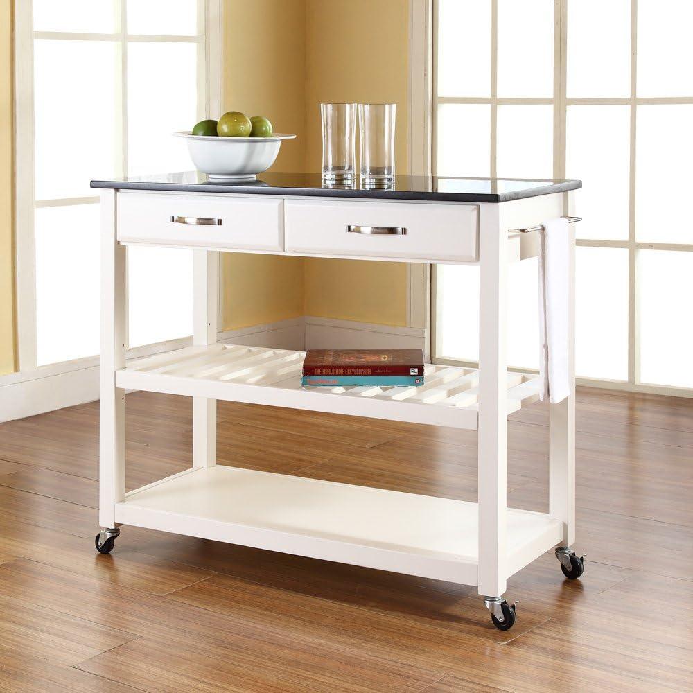 White Granite Top Kitchen Cart with Wine Rack and Storage