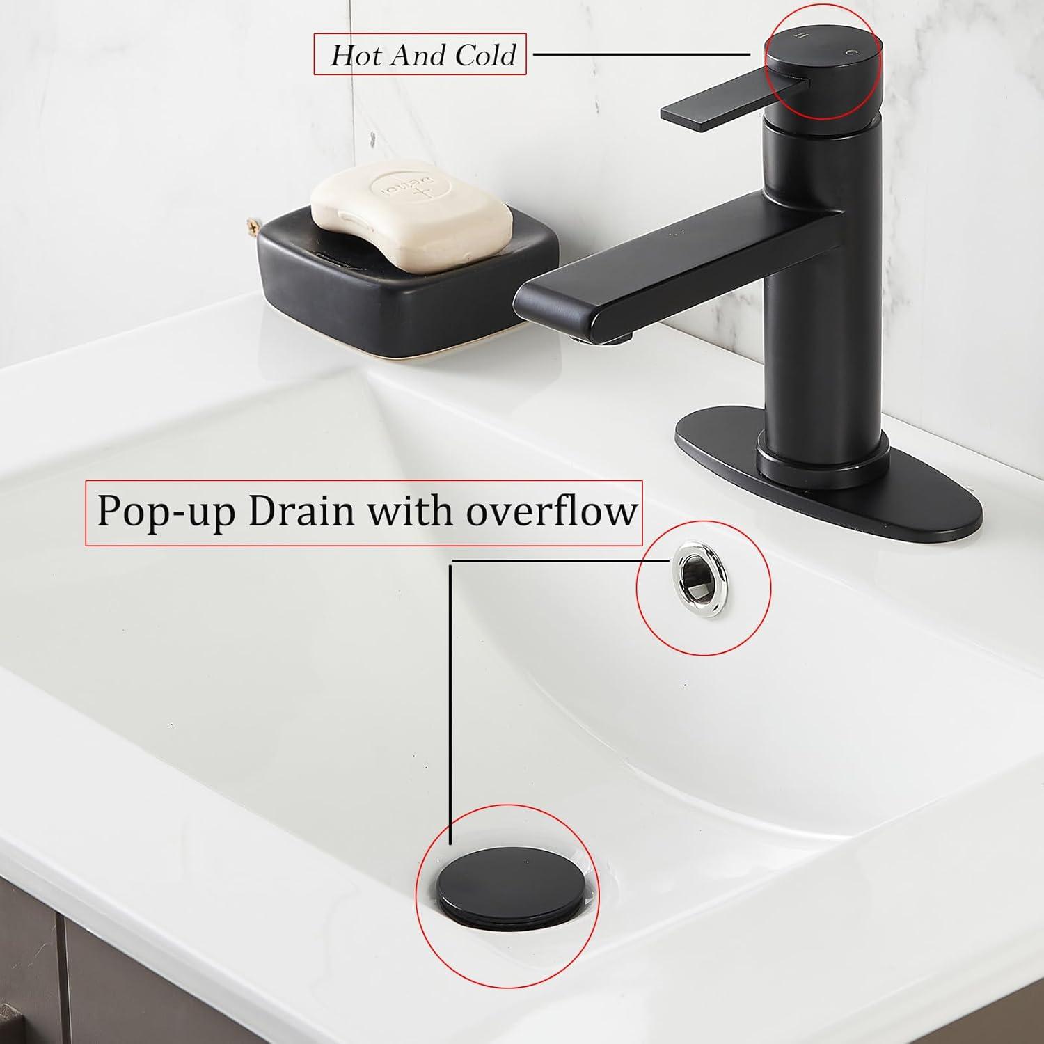 Black Bathroom Faucet Single Hole Bathroom Sink Faucet, Matte Black Single Handle Vanity Basin Faucets with Supply Deck Plate, Modern Farmhouse RV Faucet 1 or 3 Holes