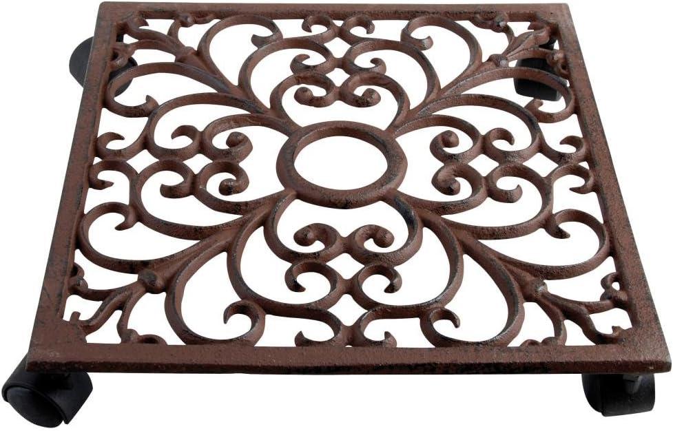 Square Brown Cast Iron Plant Trolley with Scroll Design