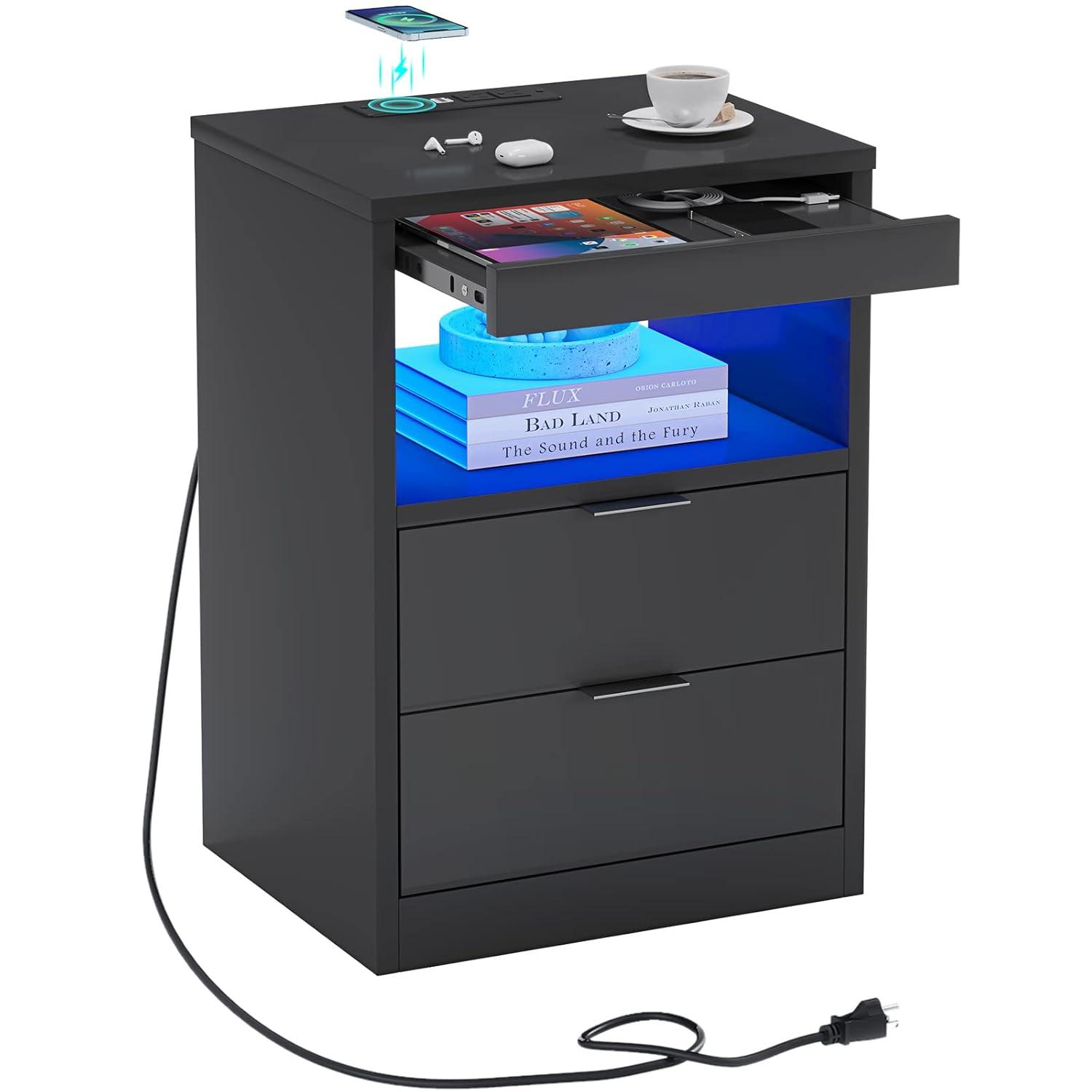 Exlonjet Black Nightstand with Wireless Charging Station and LED Lights, Bedside Table with 2 Drawers, Open Storage, 1 Pull-Out Tray, End Side Table with Charging Station, LED Night Stand with Storage