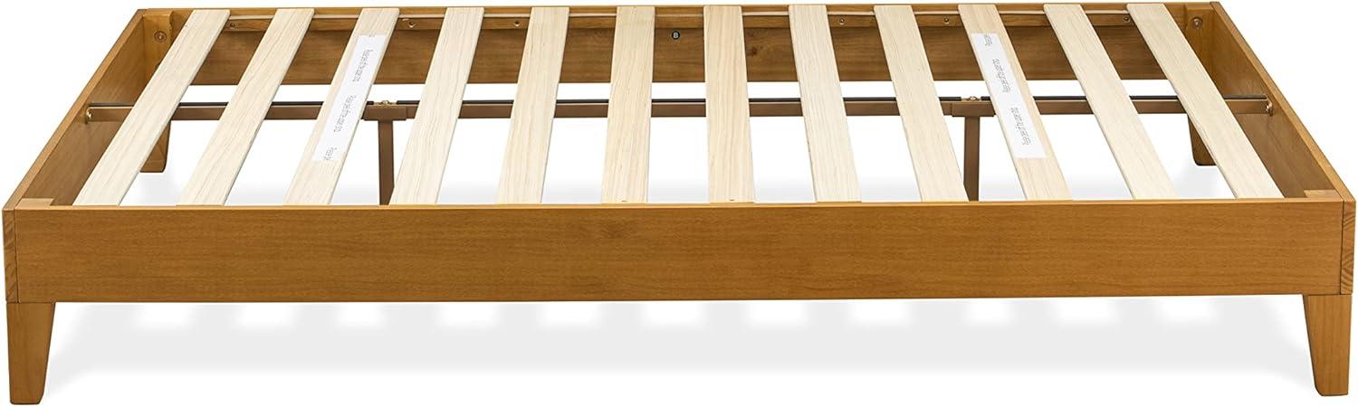 Oak Finish Queen Size Platform Bed Frame with Linen Upholstery