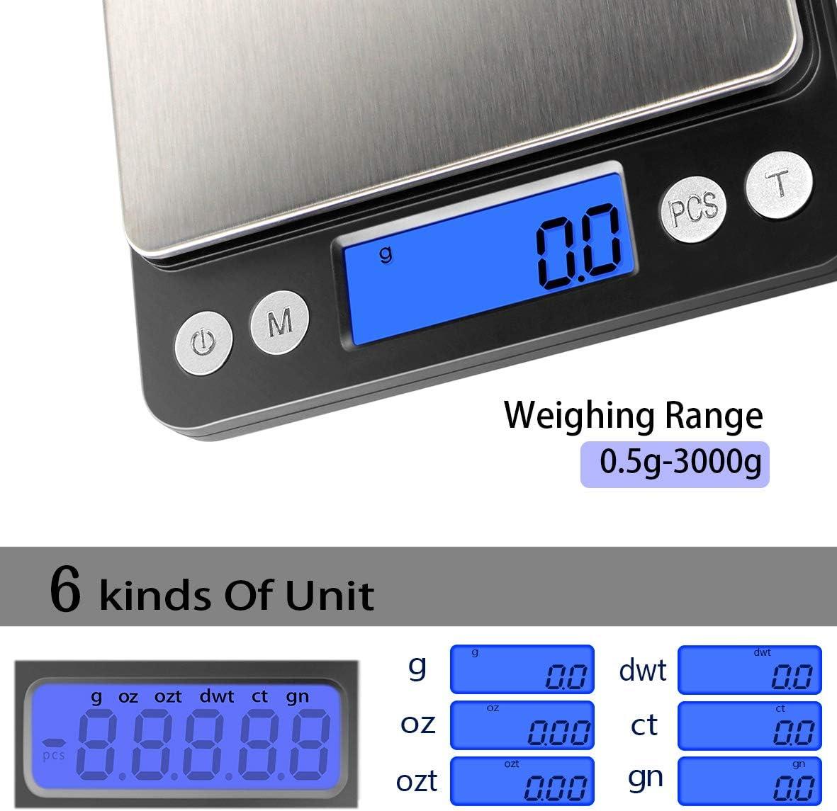 Digital Kitchen Scale 3000g / 0.1g ; Mini Pocket Jewelry Scale, Food Scale for Kitchen, 2 Trays, 6 Units, Auto Off, Tare, PCS Function, Stainless Steel, Batteries Included