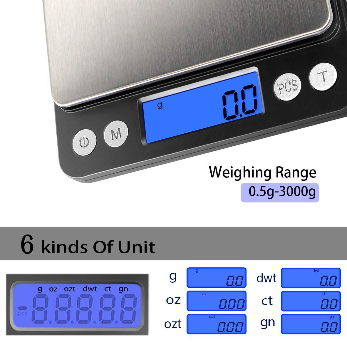 Digital Kitchen Scale 3000g / 0.1g ; Mini Pocket Jewelry Scale, Food Scale for Kitchen, 2 Trays, 6 Units, Auto Off, Tare, PCS Function, Stainless Steel, Batteries Included