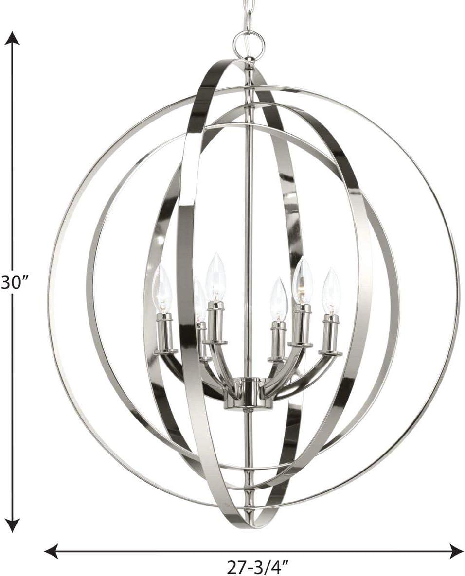 Progress Lighting, Equinox Collection, 6-Light Chandelier Pendant, Polished Nickel, Armillary Sphere Shade