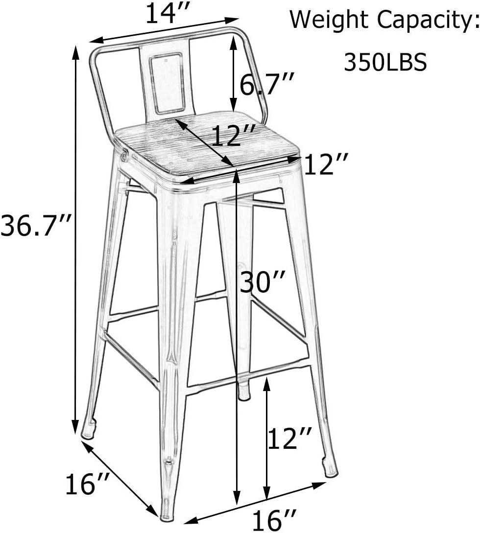 Industrial Black Metal Bar Stools with Wood Seats, Set of 4