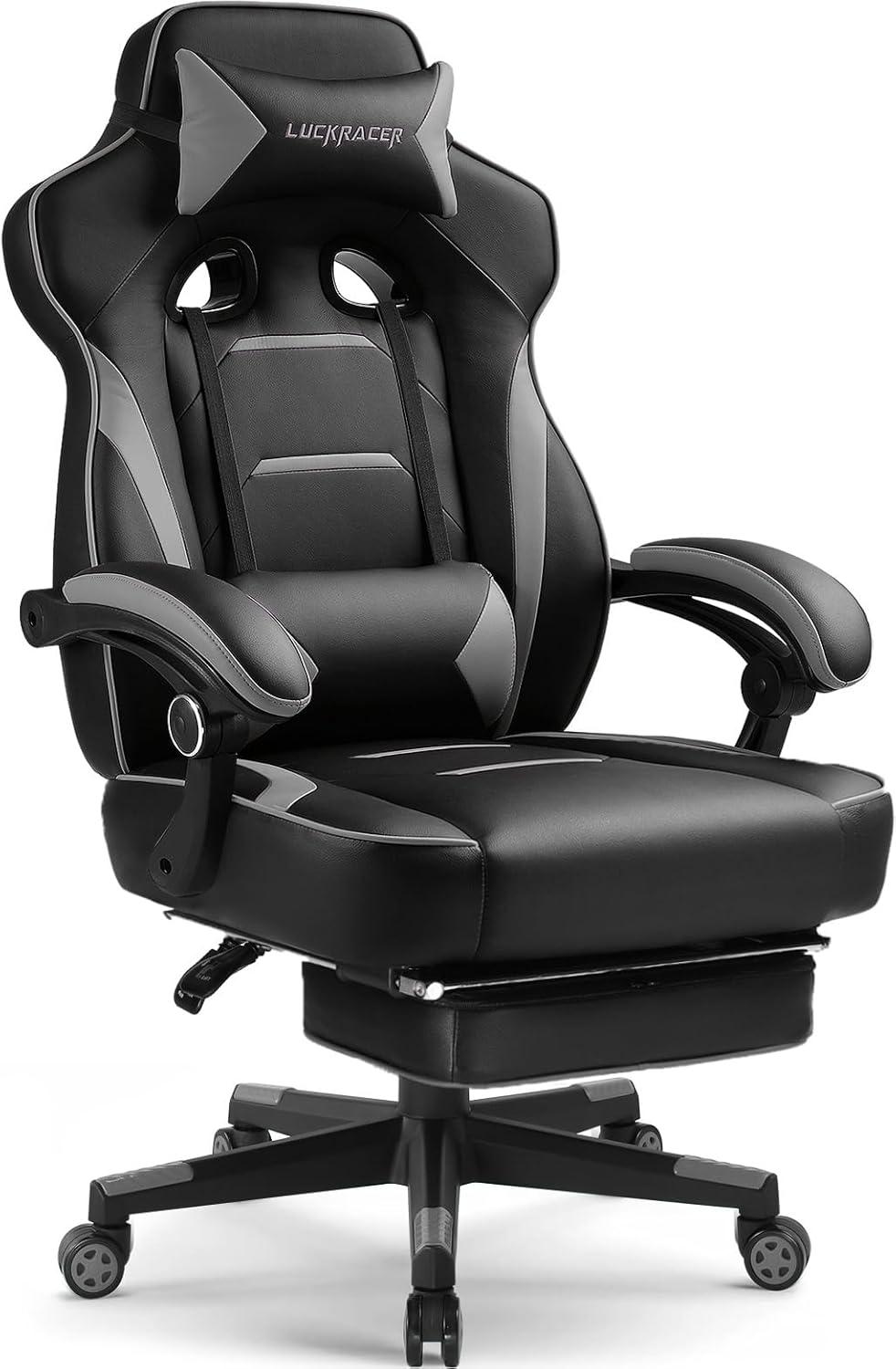 Gray Ergonomic Gaming Chair with Footrest and Lumbar Support