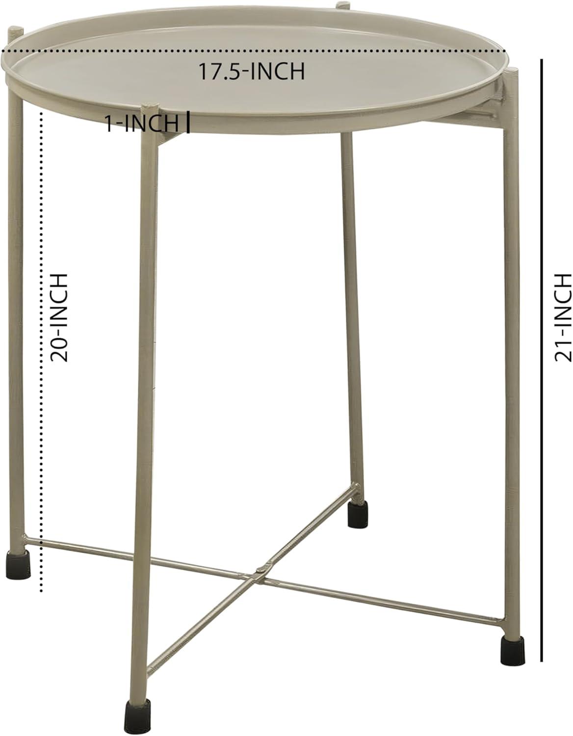 18 in. Modern Round Metal Tray Top Foldable Legs Side End Table, Beige