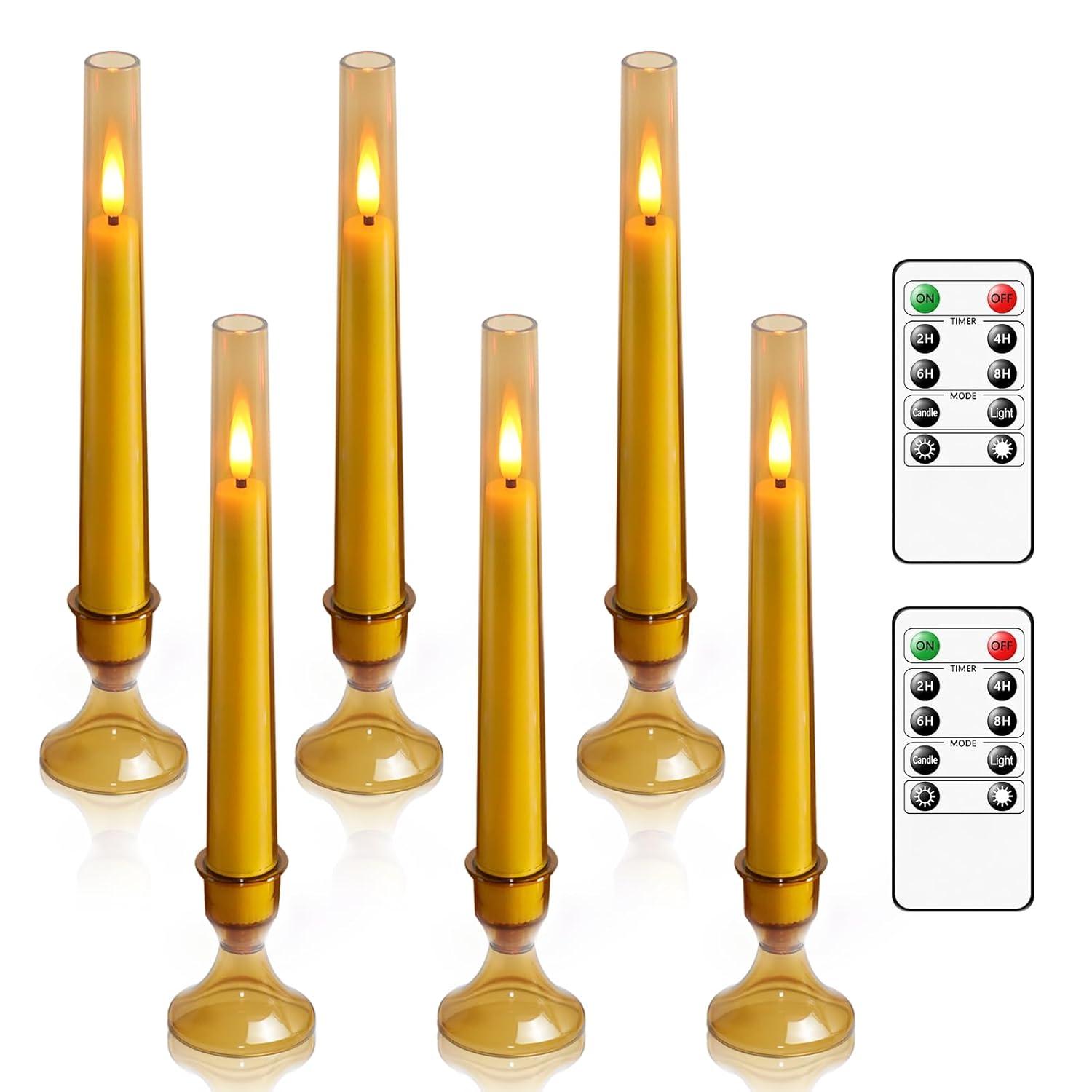 6pcs Waxy Flameless Taper Candles with Remote, Led Flameless Candlesticks Classic Tall Taper Candles with Holders Flickering Battery Operated Taper Candles for Bedroom Dining Room