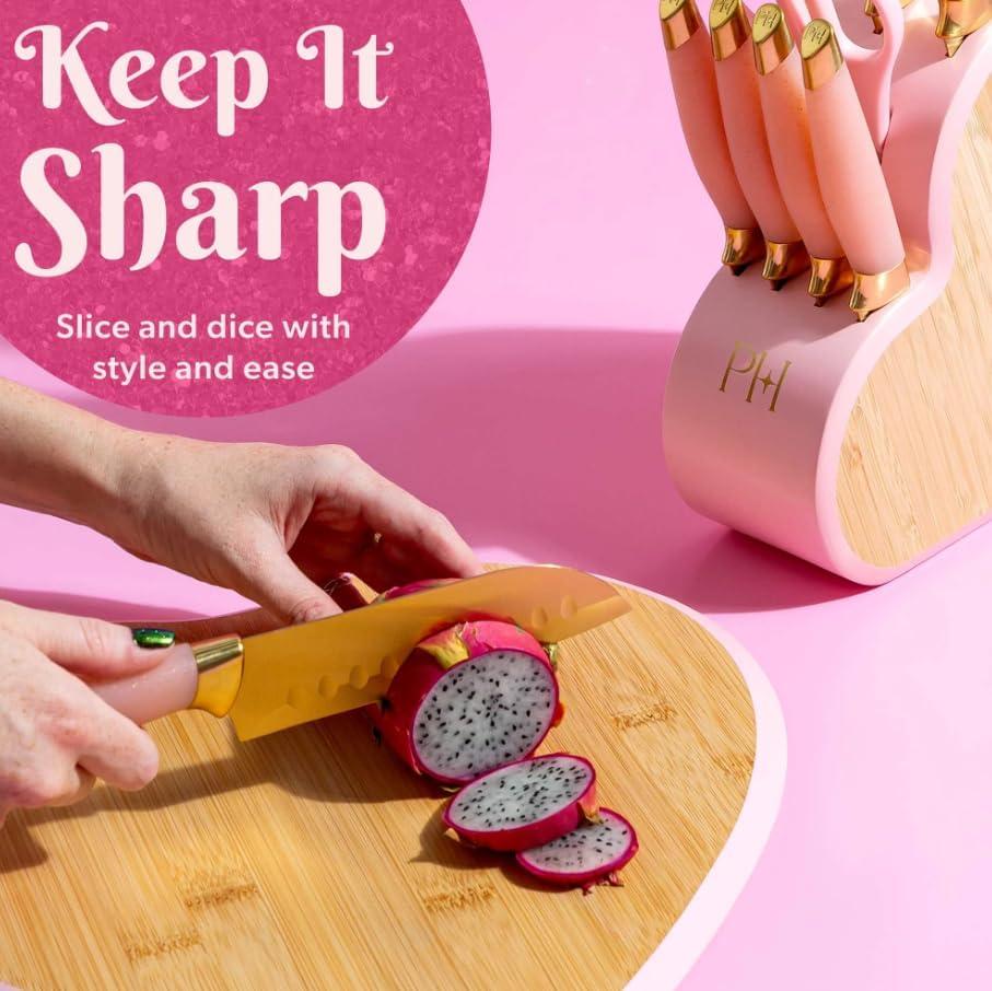 Paris Hilton Juego de Bloques de Cuchillos de Acero Inoxidable en Forma de Corazón de 10 Piezas, Rosa