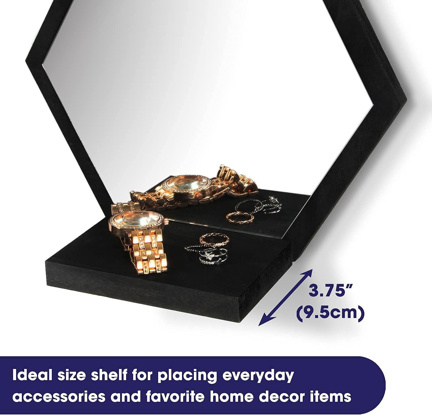 Design Wall Mount Decorative Mirrors- Set of 3, Geometric Rustic Wood Real Mirror with Shelf for Bedroom, Bathroom, Living Room, Kitchen Wall Art Décor