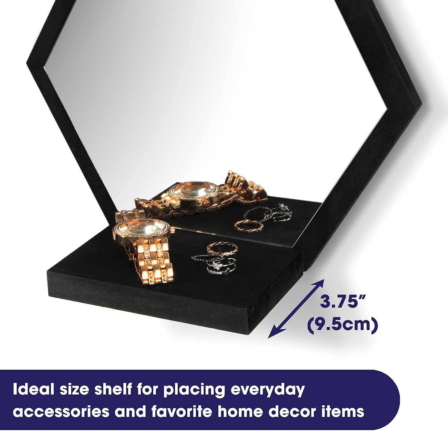 Design Wall Mount Decorative Mirrors- Set of 3, Geometric Rustic Wood Real Mirror with Shelf for Bedroom, Bathroom, Living Room, Kitchen Wall Art Décor