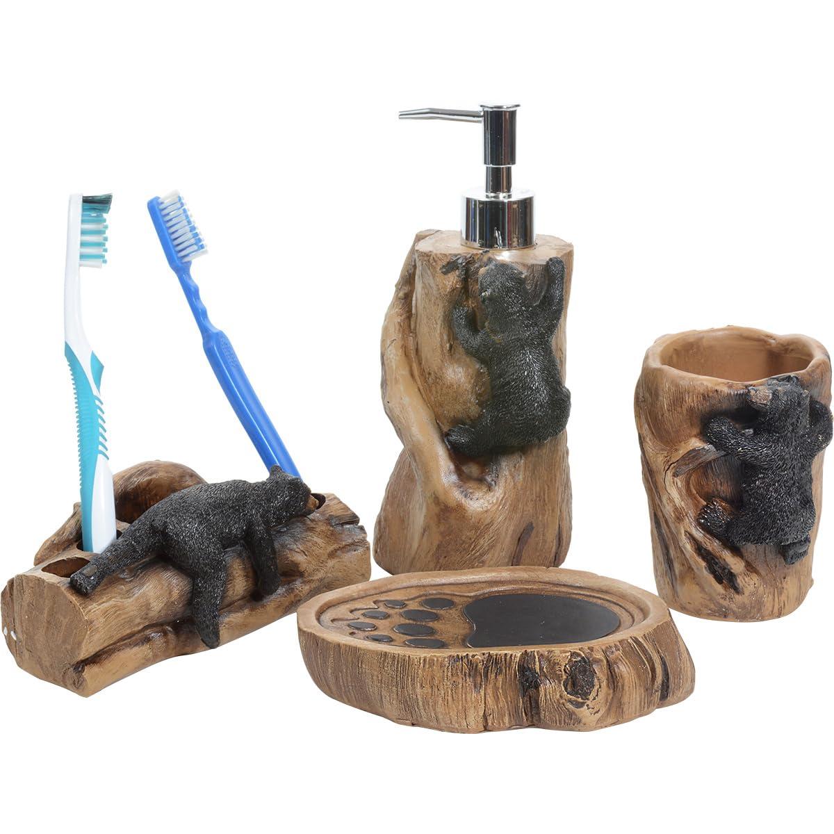 Rustic Lodge Polyresin Bath Set with Climbing Black Bears