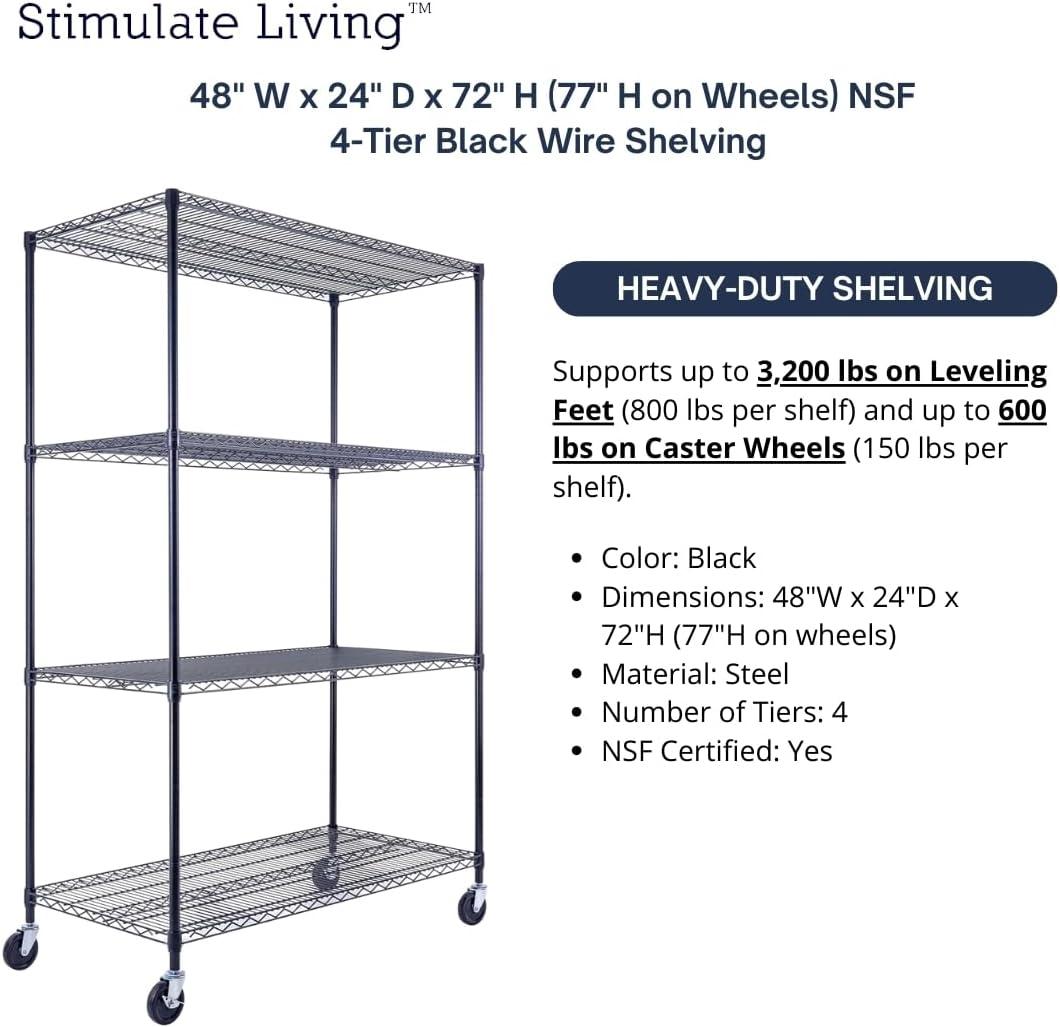 48"x24"x72" Prime Heavy Duty Black 4-Tier Wire Shelving NSF 3200 LBS MAX Capacity Storage Rack for Commercial, Hospital, School, Garage, and Kitchen Uses (with Wheels)
