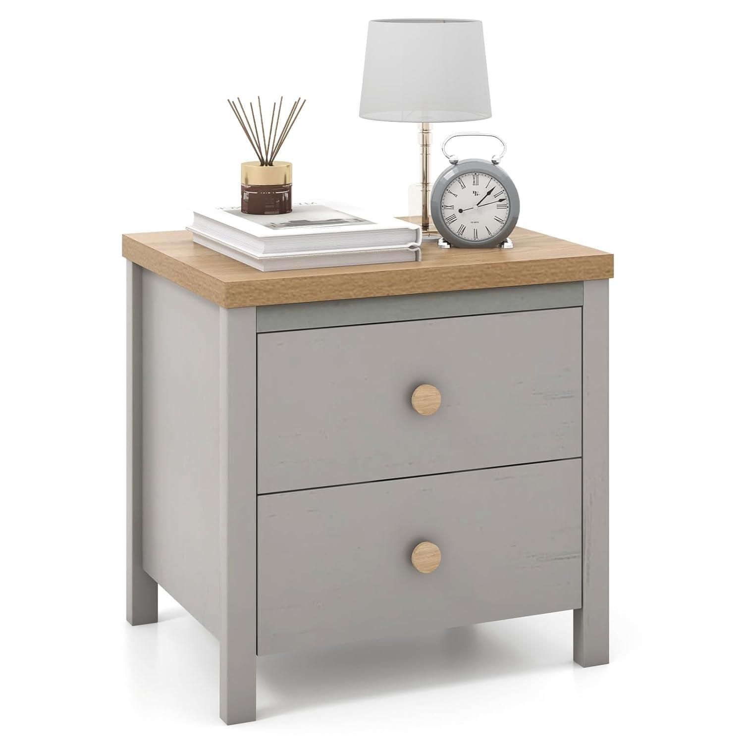 Giantex Night Stand with 2 Drawers, Farmhouse Bedside Table with Cute Round Knobs, Wooden Floor End Table with Rubber Wood Legs, Small Sofa Side Table for Small Space Kids Bedroom College, Grey