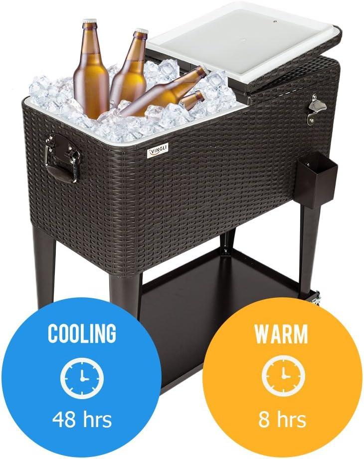 VINGLI 80 Quart Black Rattan Rolling Cooler with Shelf