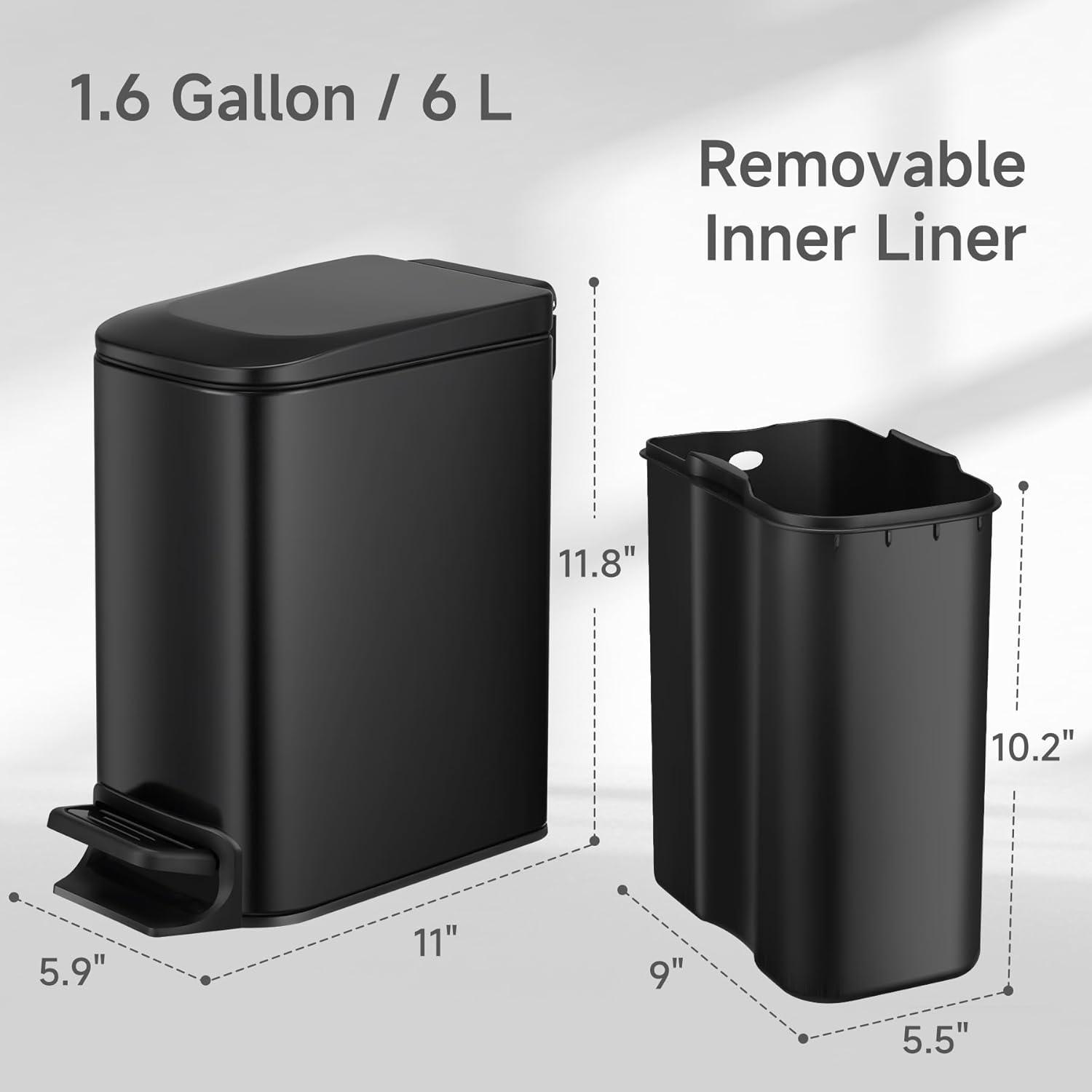 Slim Matte Black Stainless Steel Soft Close Trash Can