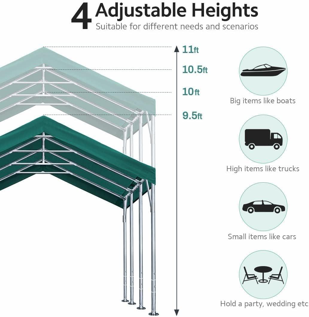 ADVANCE OUTDOOR 12x20 ft Carport with Adjustable Height from 9.5 ft to 11 ft, Heavy Duty Car Canopy, 8 Legs with 8 Reinforced Poles and 4 Sandbags, Green