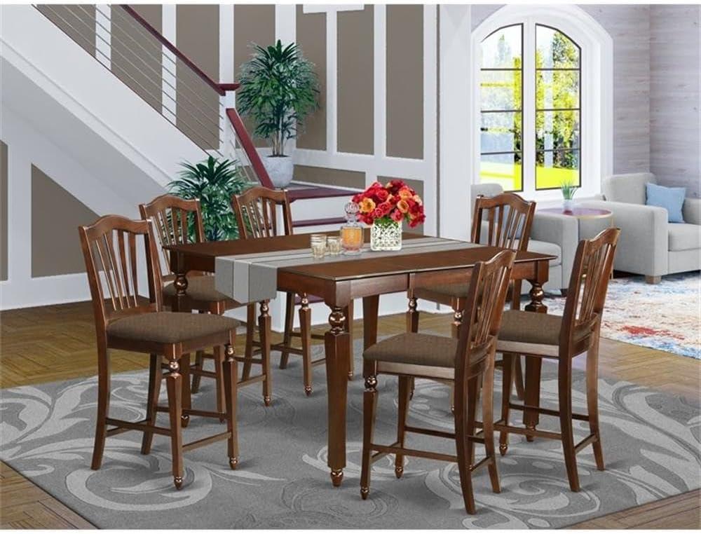 Mahogany 54" Square Pub Table with 6 Upholstered Chairs