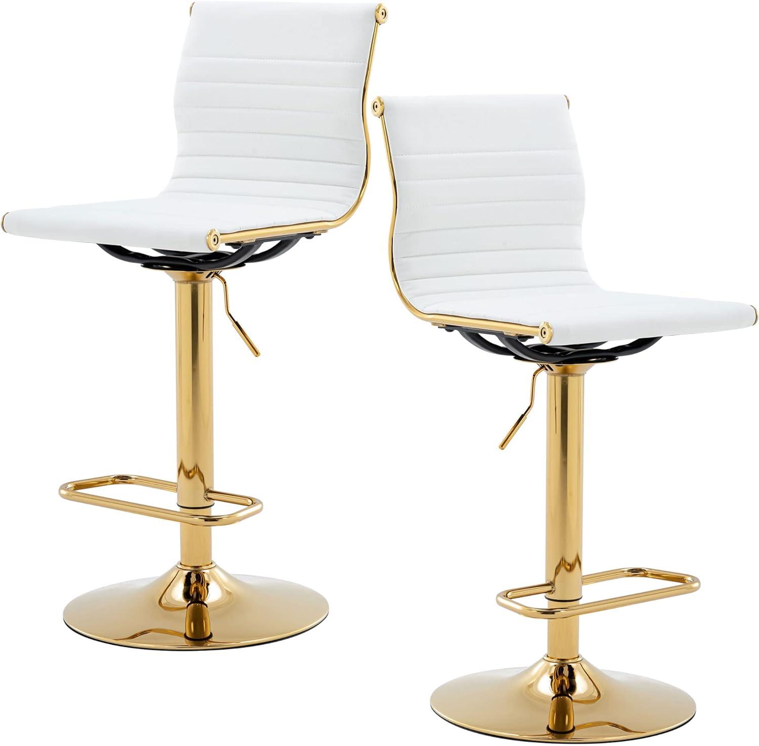 Flash Furniture Modern White Vinyl Adjustable Bar Stool with Back, Counter Height Swivel Stool with Gold Pedestal Base, Set of 2