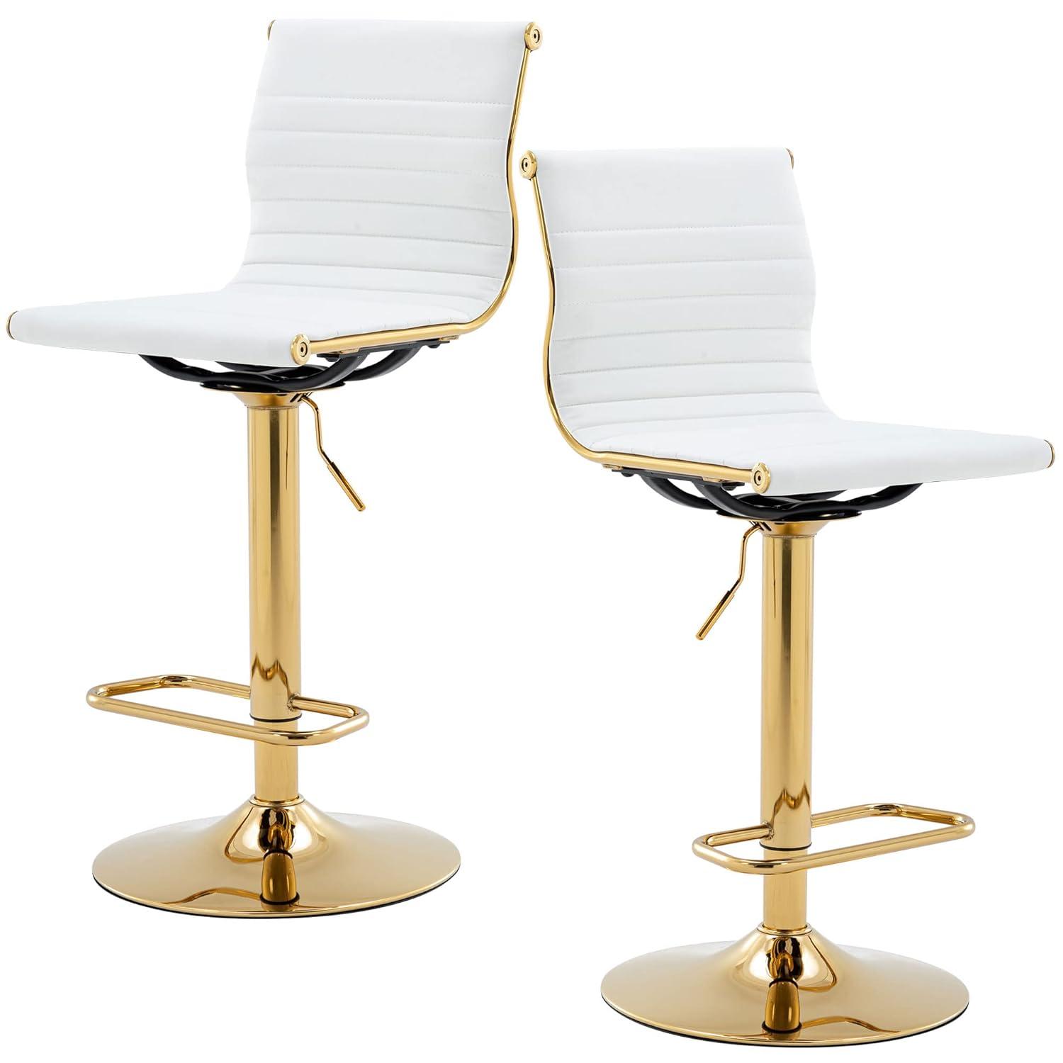 Flash Furniture Modern White Vinyl Adjustable Bar Stool with Back, Counter Height Swivel Stool with Gold Pedestal Base, Set of 2