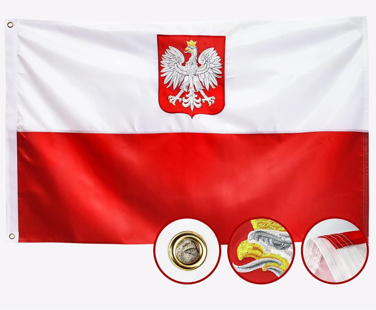 Polish Flag 3x5FT Poland Ensign Flag Double Sided Outdoor Heavy Duty 3 Ply Polyester Material with 2 Metal Grommets, 4 Rows of Stitching