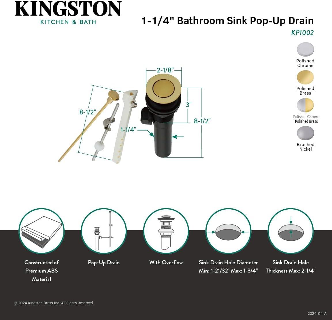 Kingston Brass Plastic Pop-Up Bathroom Sink Drain with Overflow
