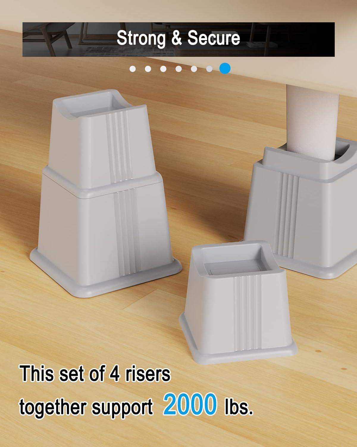 ZTON Adjustable Bed Furniture Risers Elevation in Heights 3", 5" or 8" Heavy Duty Risers for Both Posts and Wheels of Sofa and Bed Support up to 2000 lbs. (Set of 4 Riser, Grey)