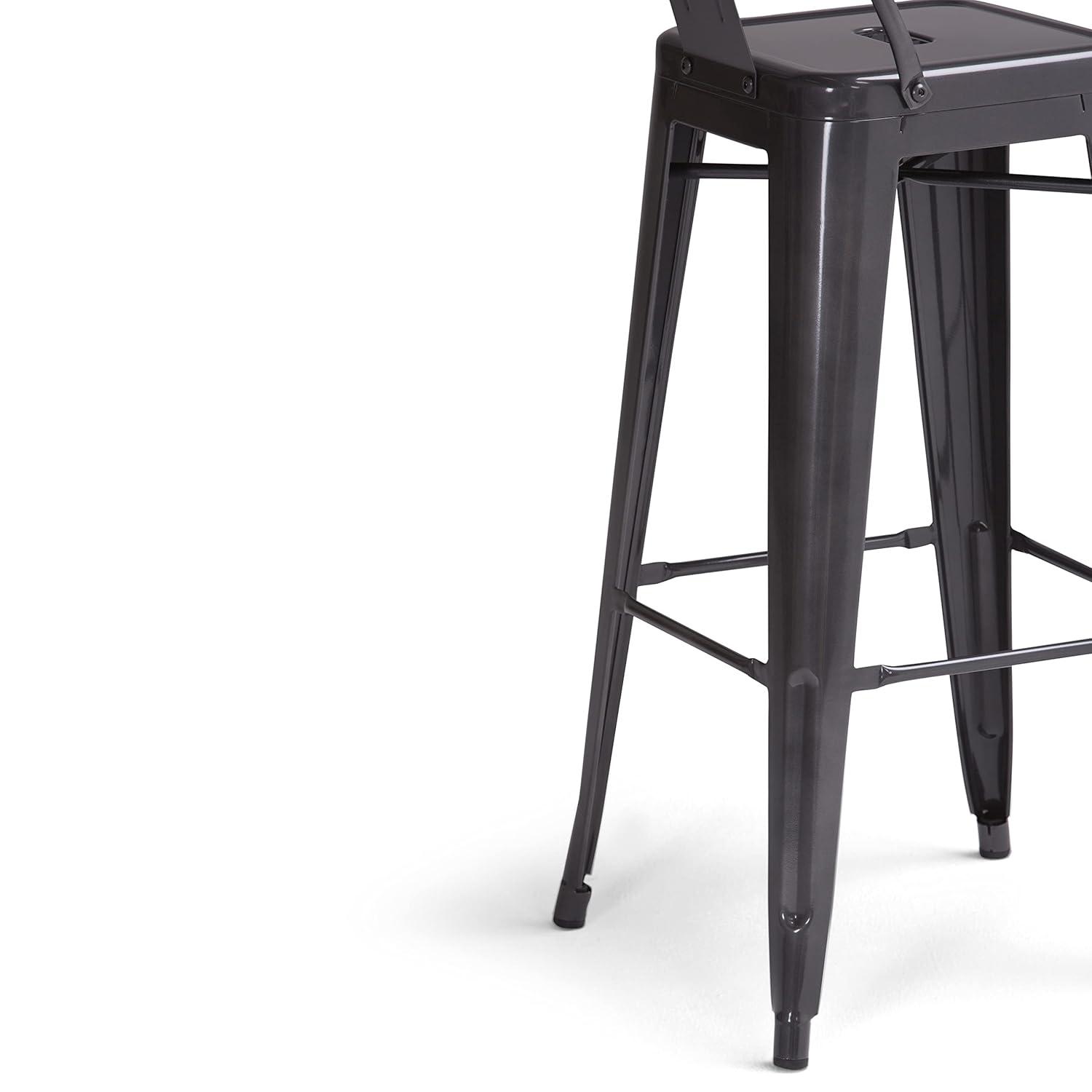 Simpli Home Rayne Metal Industrial Stool with Curved Back, Cross-Brace, and Footrest