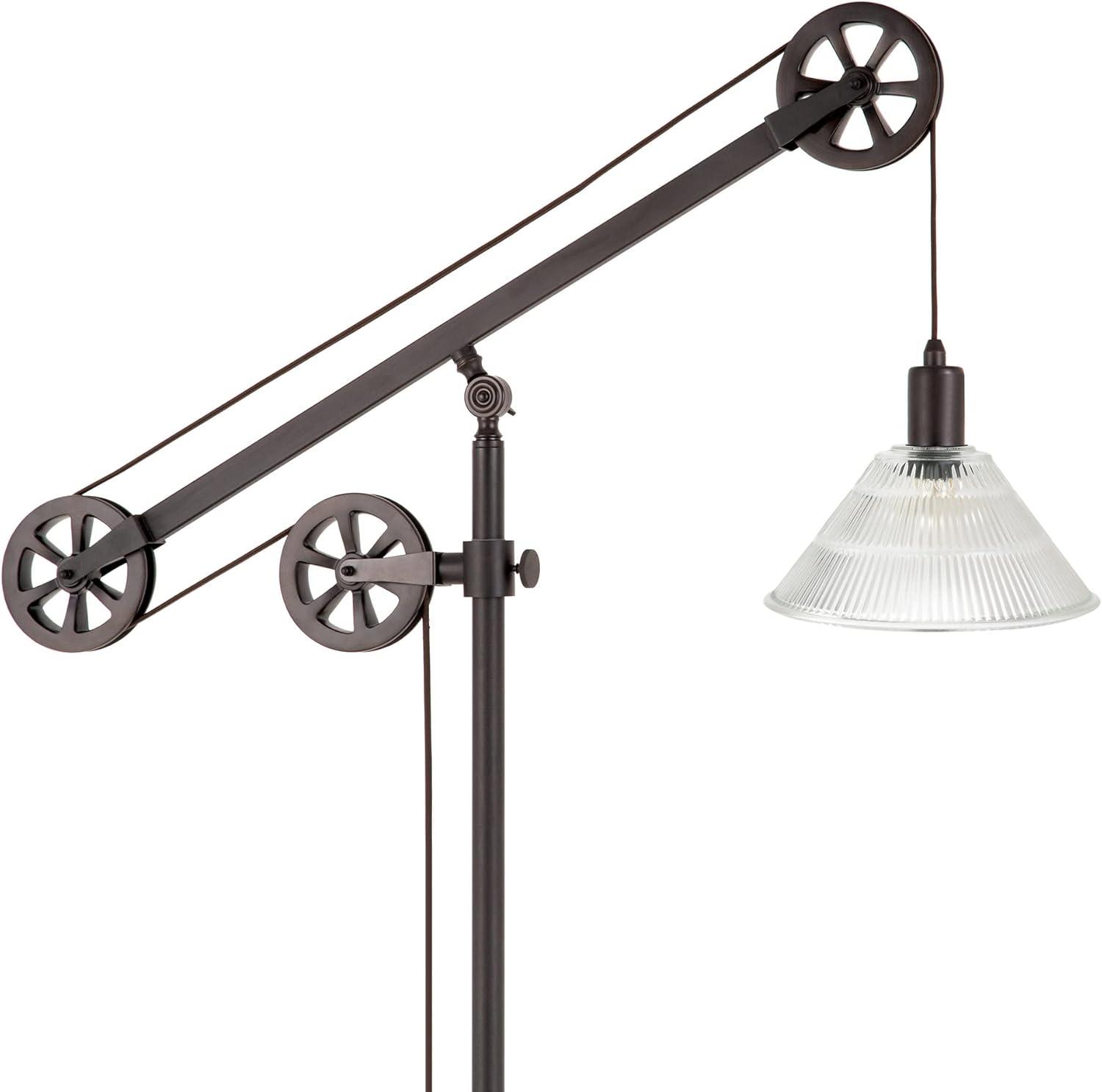 Adjustable Blackened Bronze Floor Lamp with Ribbed Glass Shade and Smart Home Compatibility, 70" Tall