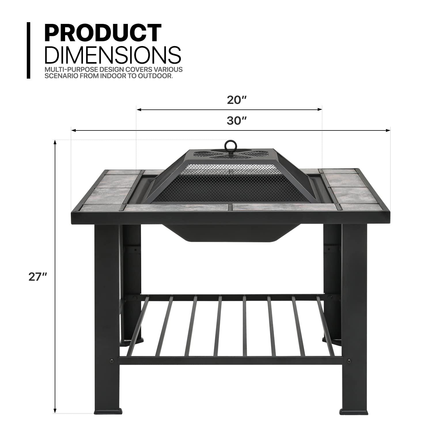 MoNiBloom 30" Square Fire Pit Table with Spark Screen Lid, Log Grate and Poker, Wood Burning Fire Pit with Shelf and Removable Tile, Black