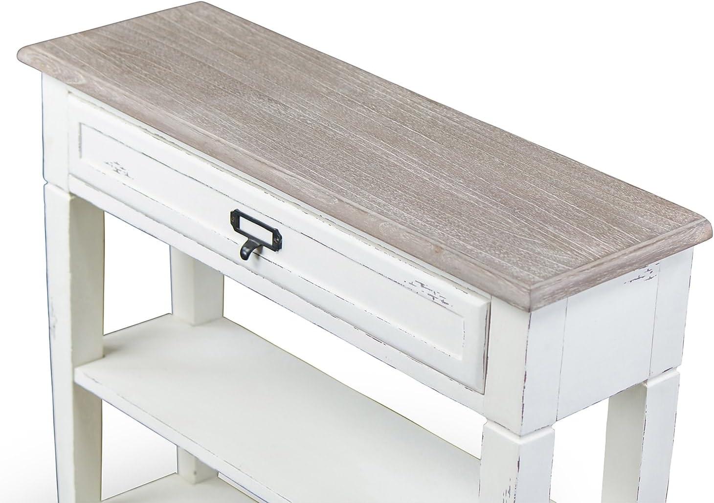 Distressed White and Natural Wood Console Table with Storage