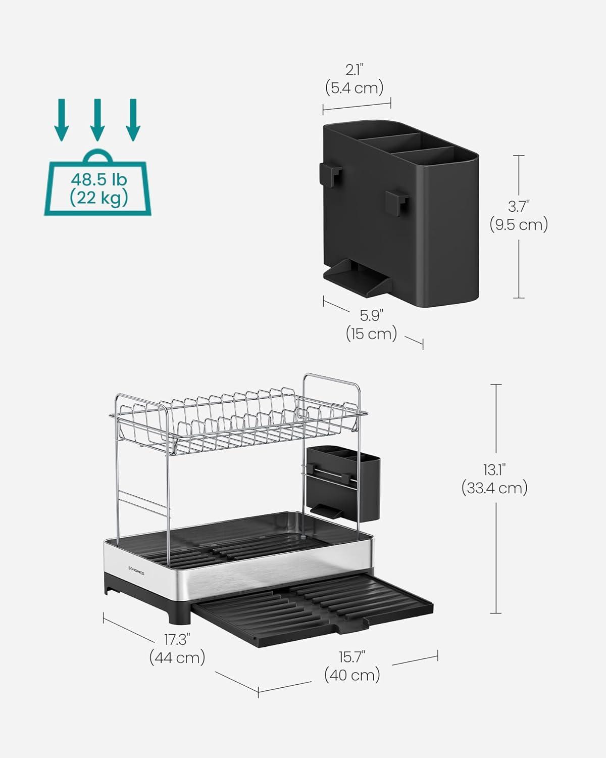 Expandable 2-Tier Stainless Steel Dish Drying Rack with Utensil Holder