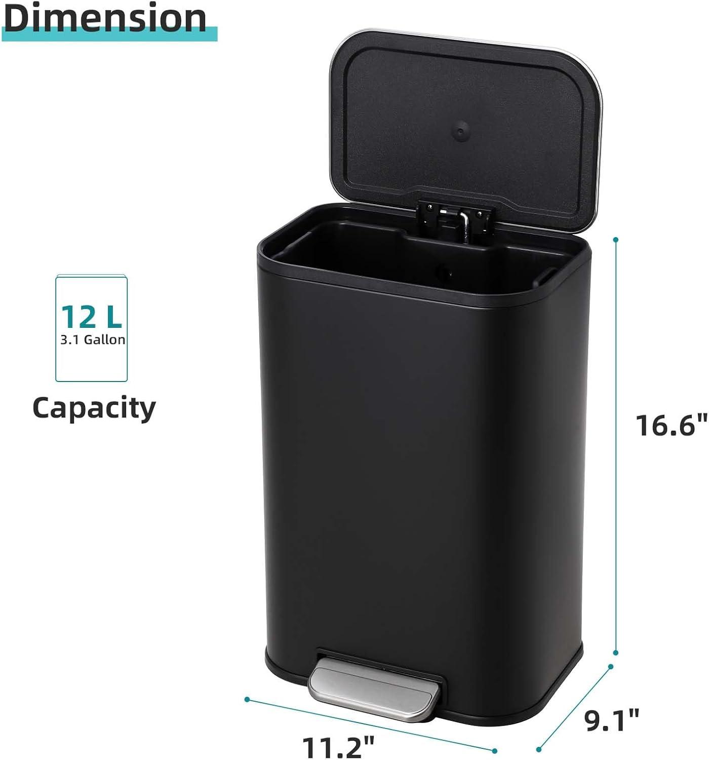 12L Matte Black Stainless Steel Rectangular Pedal Trash Can