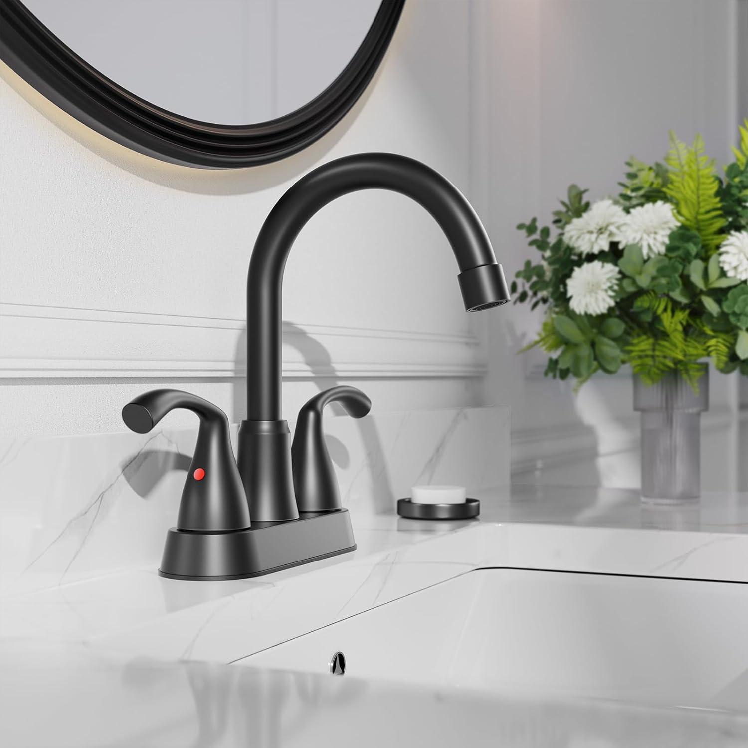 Matte Black 4-Inch Centerset Bathroom Sink Faucet with Metal Drain