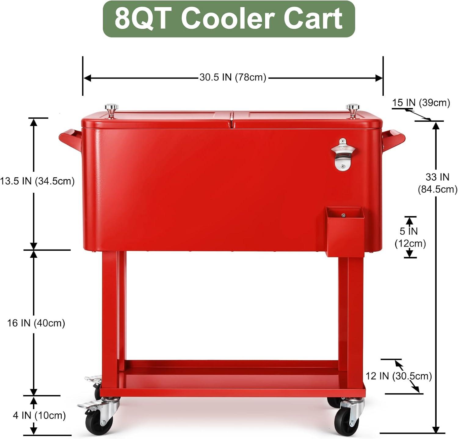 Bring Home Furniture Outdoor 80 Qt Rolling Cooler Cart, with Bottle Opener + Storage Shelf Camping Beverage Ice Chest