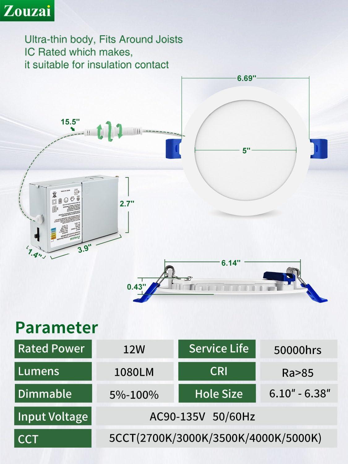 Zouzai 12 Pack 6 Inch Ultra-Thin Dimmable LED Recessed Lights with Junction Box