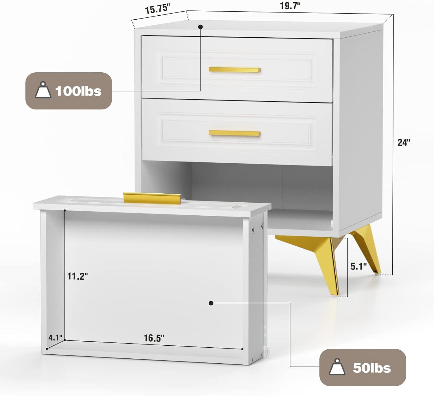 White and Gold 3-Drawer MDF Nightstand with Metal Legs