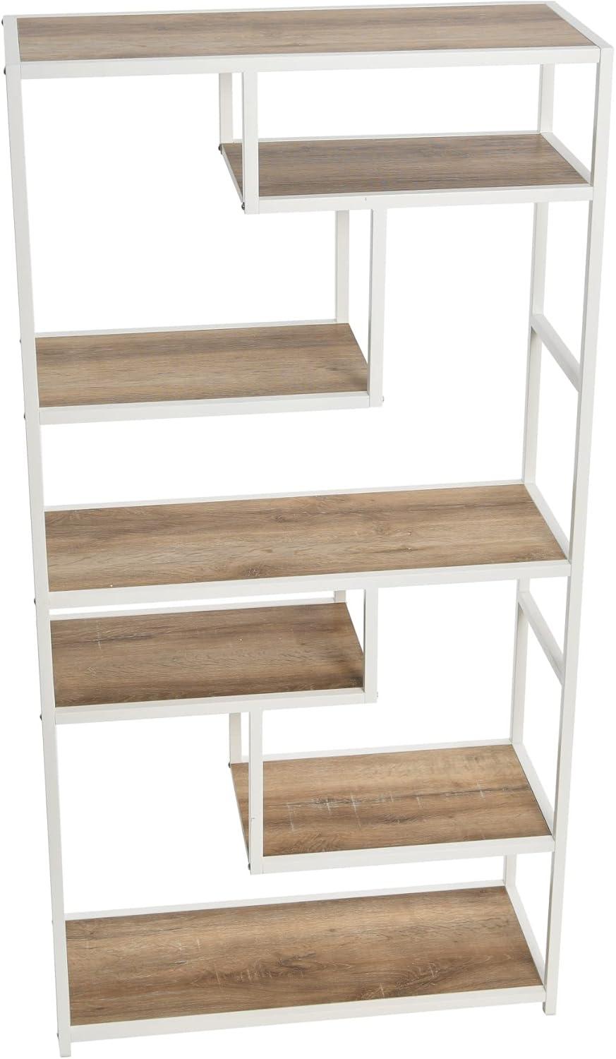 Household Essentials Jamestown Tall 6 Shelf Open Storage Bookshelf Coastal Oak Rustic Wood Grain and White Metal