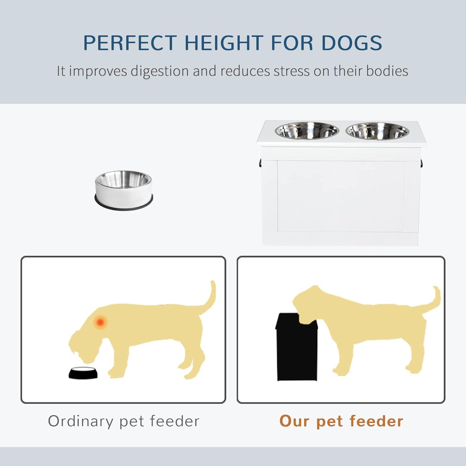 PawHut Raised Pet Feeding Storage Station with 2 Stainless Steel Bowls Base for Large Dogs and Other Large Pets, White