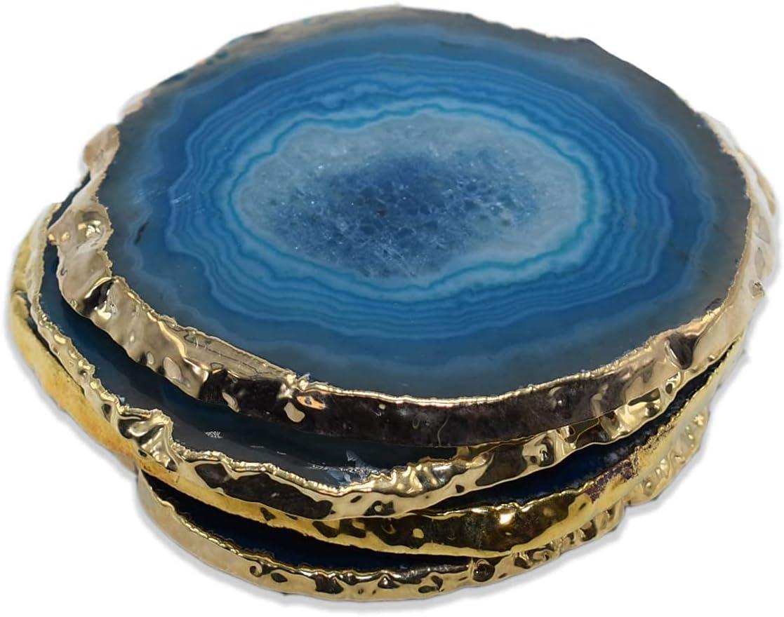 Nature's Decorations Teal Gold Rimmed Agate Stone Coasters - Set of 4, Polished Geode Drink Mats for Dining & Coffee Table & Kitchen Geode Decor Non-Toxic 3.5-4" Diameter