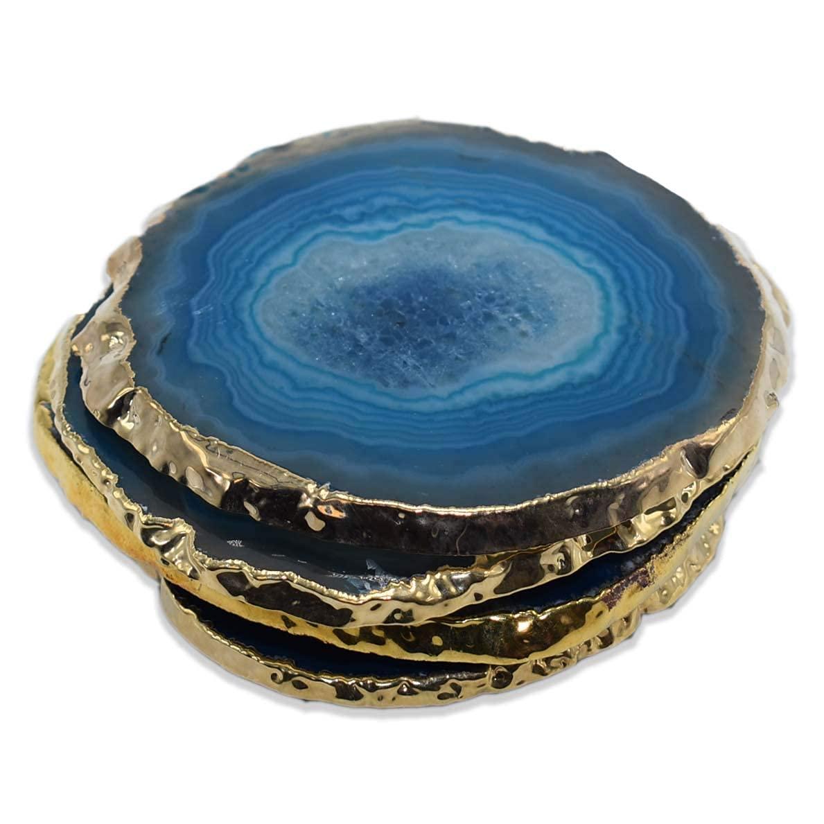 Nature's Decorations Teal Gold Rimmed Agate Stone Coasters - Set of 4, Polished Geode Drink Mats for Dining & Coffee Table & Kitchen Geode Decor Non-Toxic 3.5-4" Diameter