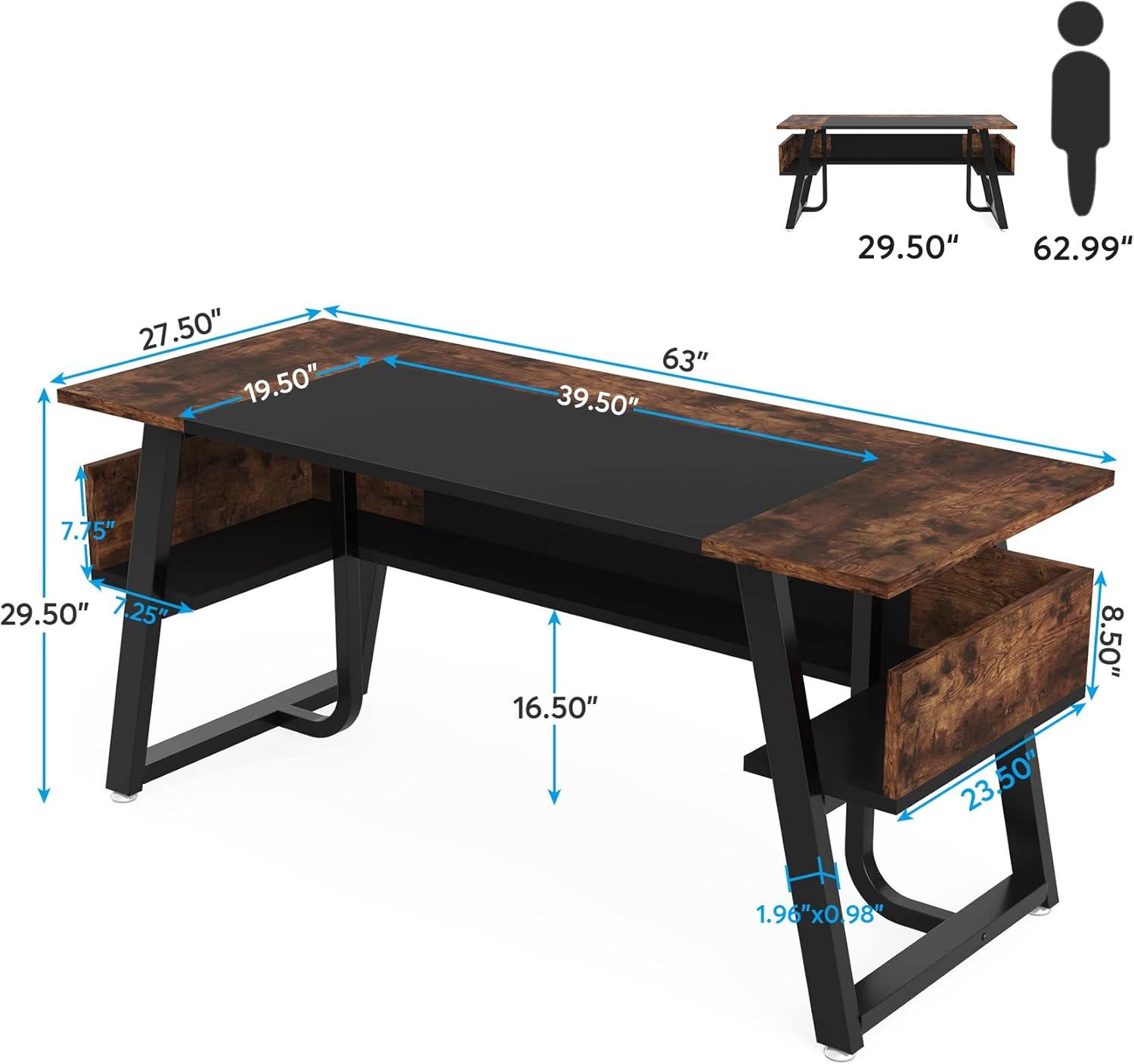 63" Black and Brown Wood Modern Office Desk with Storage Shelf