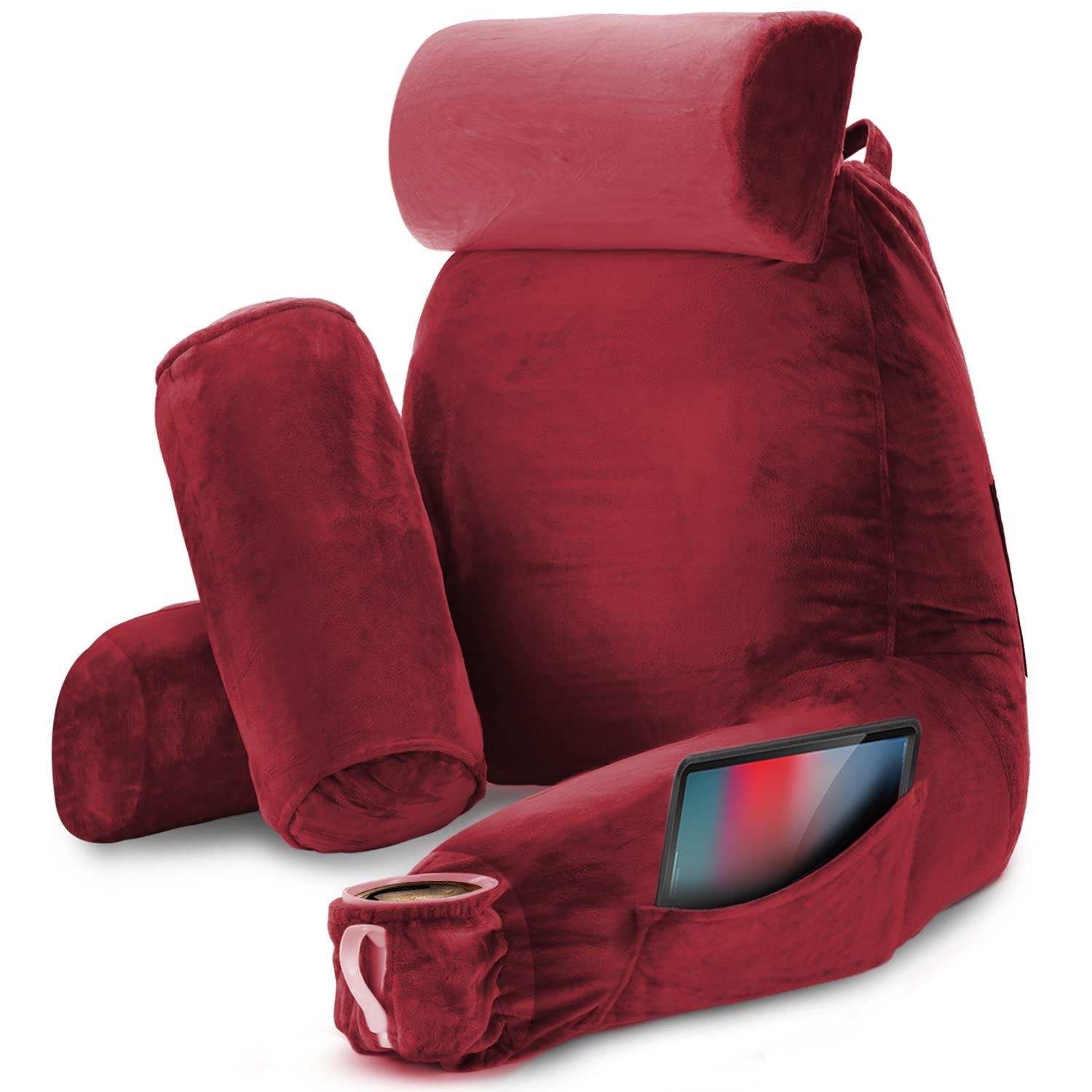 Nestl Reading Pillow with Shredded Memory Foam Includes 2 Neck and Lumber Support Pillows, Designed for Sitting Up in Bed and Couch, Back and Arms Adjustable Support for Adult & Teens, Red