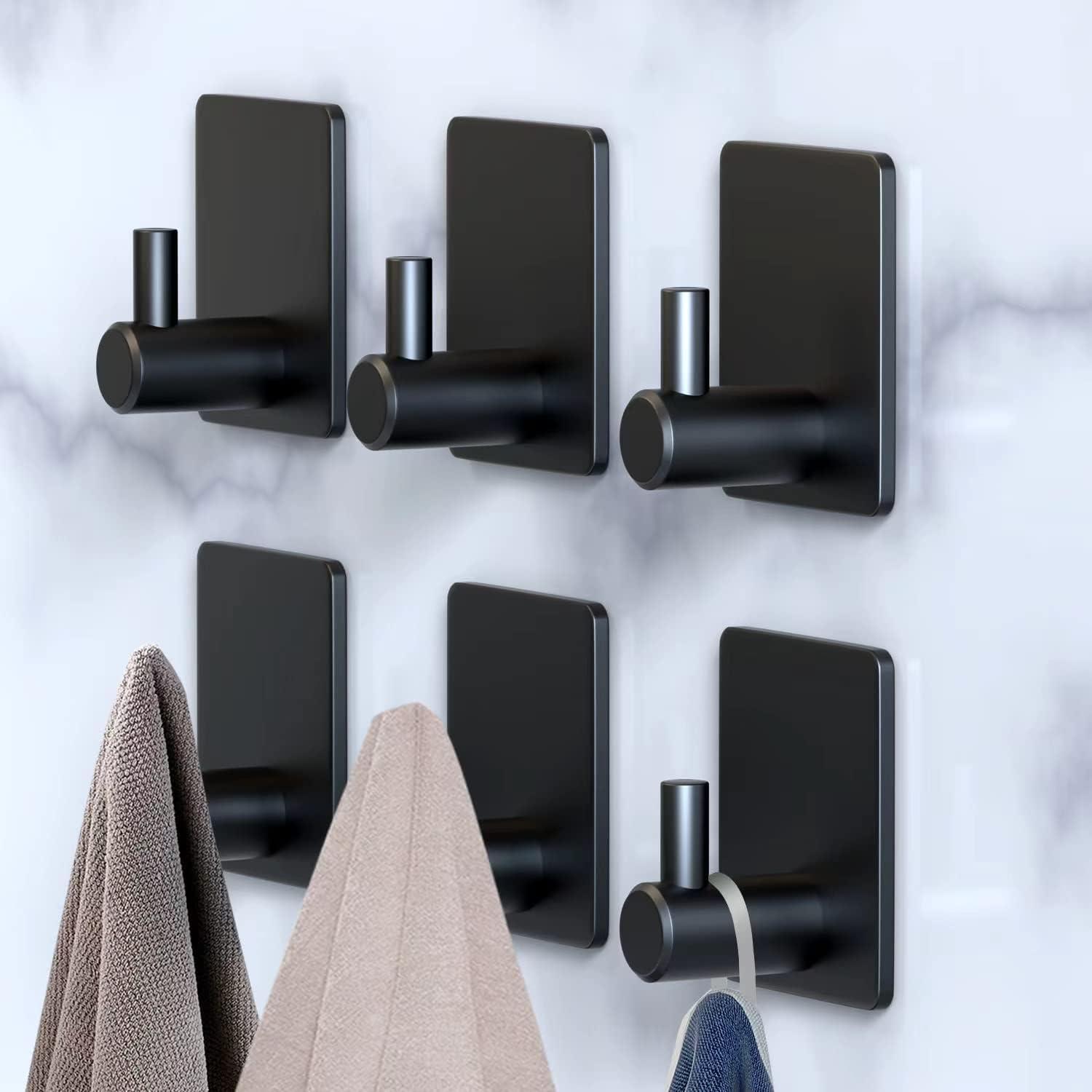 Black Aluminum Heavy Duty Adhesive Wall Hooks, 6 Pack