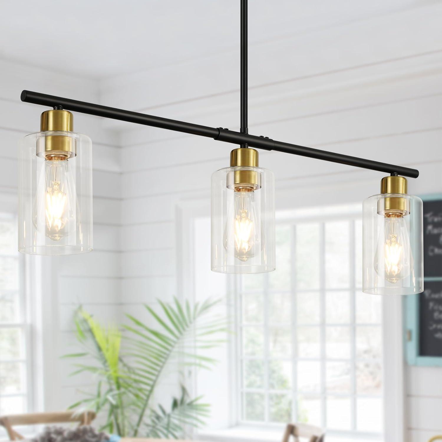 Black and Gold Linear Metal Chandelier with Clear Glass Shades