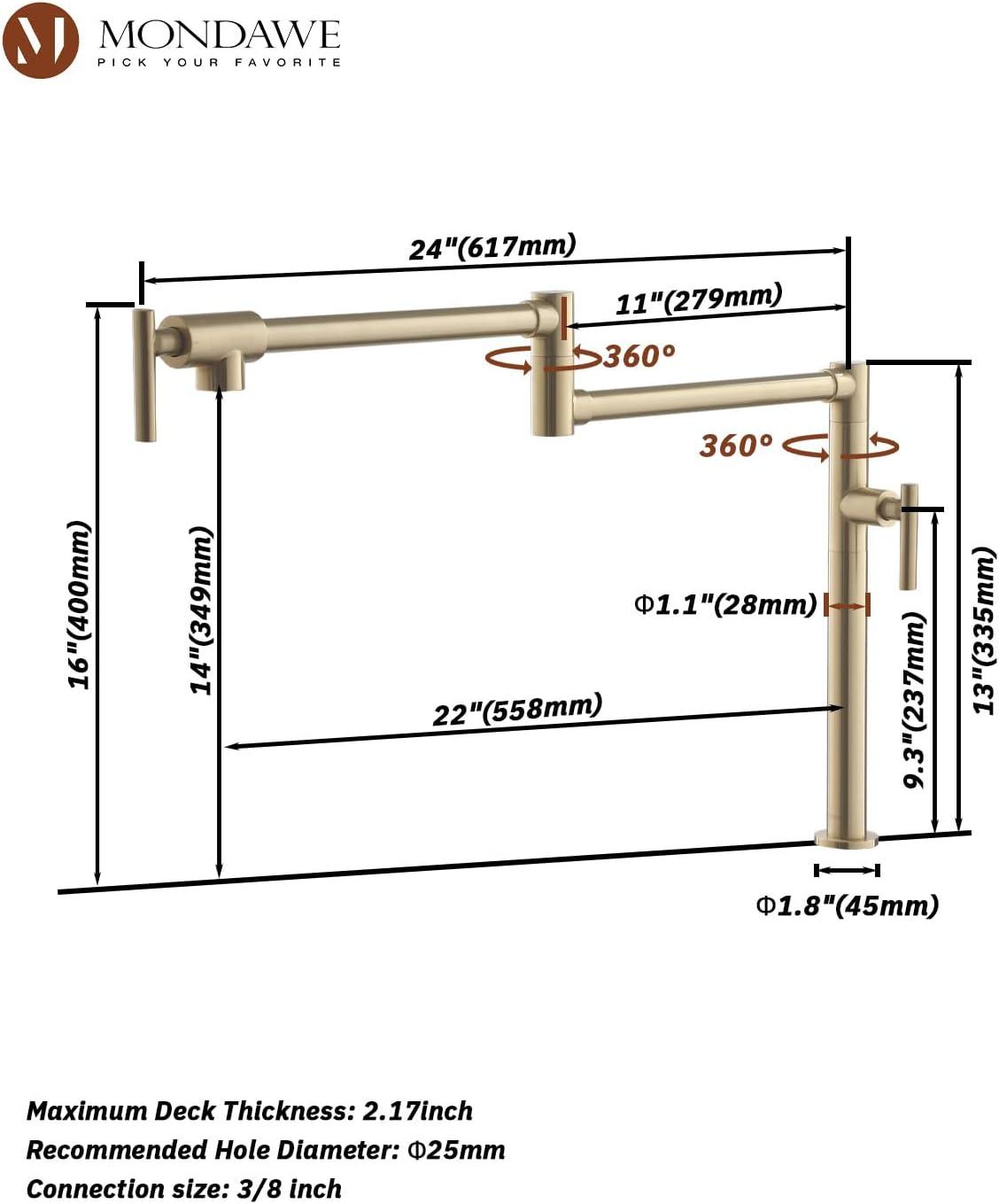 Pot Filler Faucet Wall Mount Kitchen Sink Faucet Stove Pot Filling Faucet with Double Joint Swing Arms Folding Faucet, Solid Brass Material, Lead-Free, Single Hole, Brushed Gold