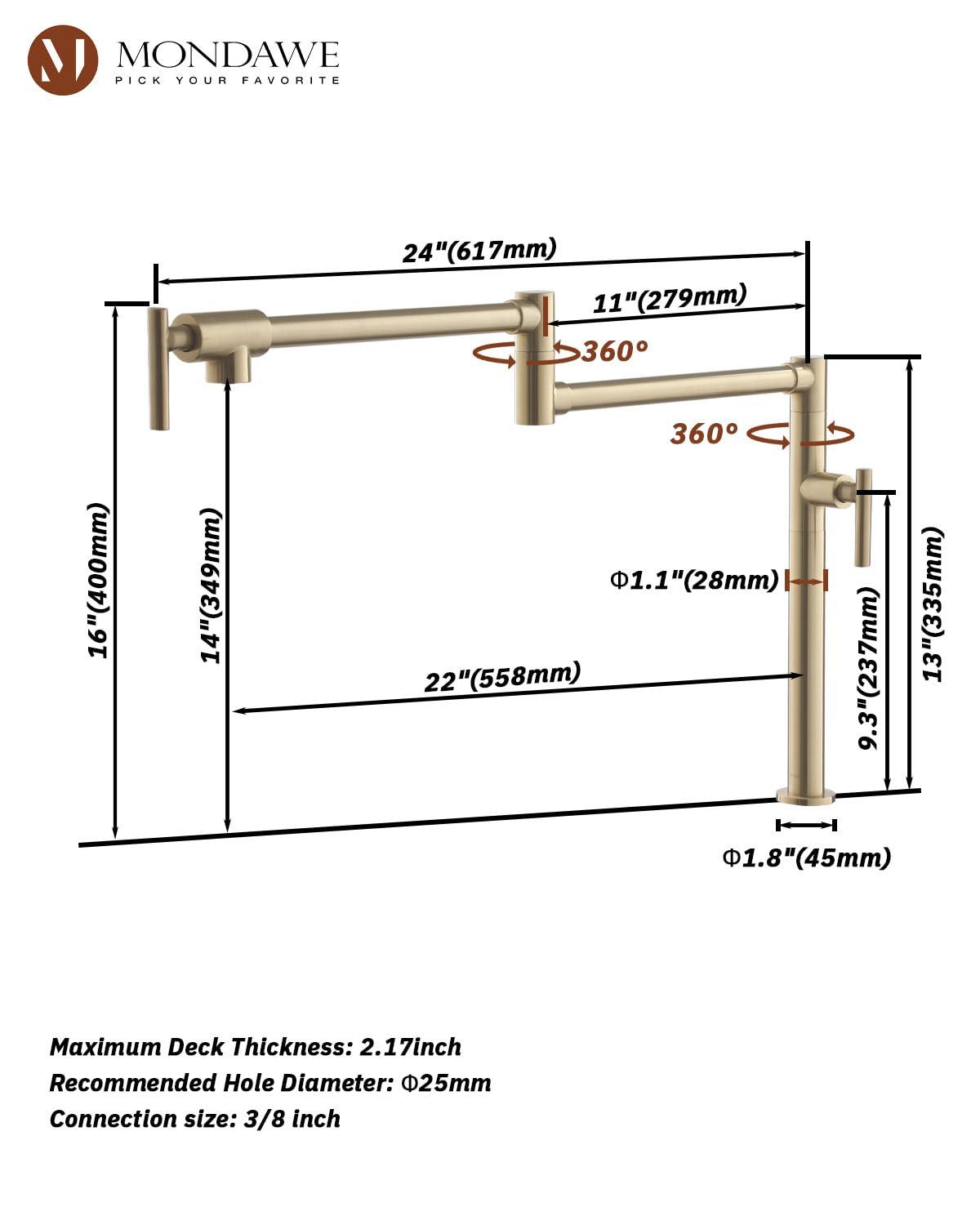Pot Filler Faucet Wall Mount Kitchen Sink Faucet Stove Pot Filling Faucet with Double Joint Swing Arms Folding Faucet, Solid Brass Material, Lead-Free, Single Hole, Brushed Gold