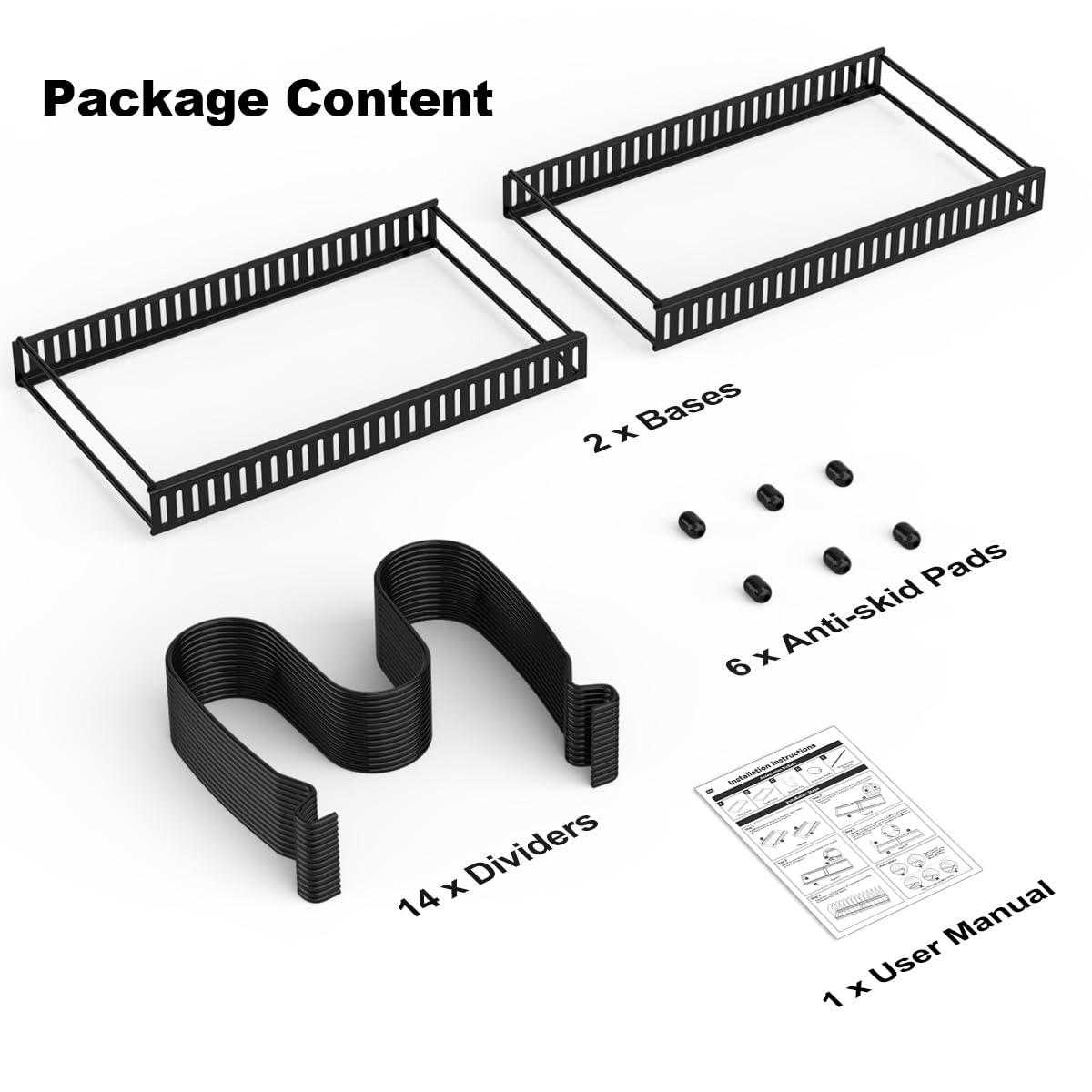 Pot and Pan Organizer Rack for Cabinet, Expandable Pot Lid Organizer Holder with 14 Adjustable Dividers, Fully Expanded Size 22.83" W x 7.09" D x 7.09" H, Black