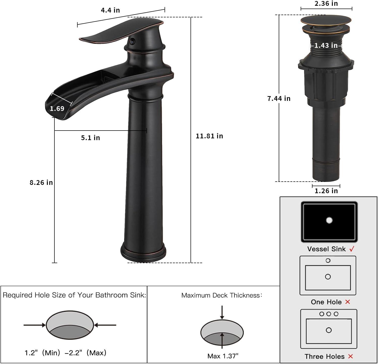 BWE Waterfall Single Hole Single Handle Bathroom Vessel Sink Faucet With Drain Assembly